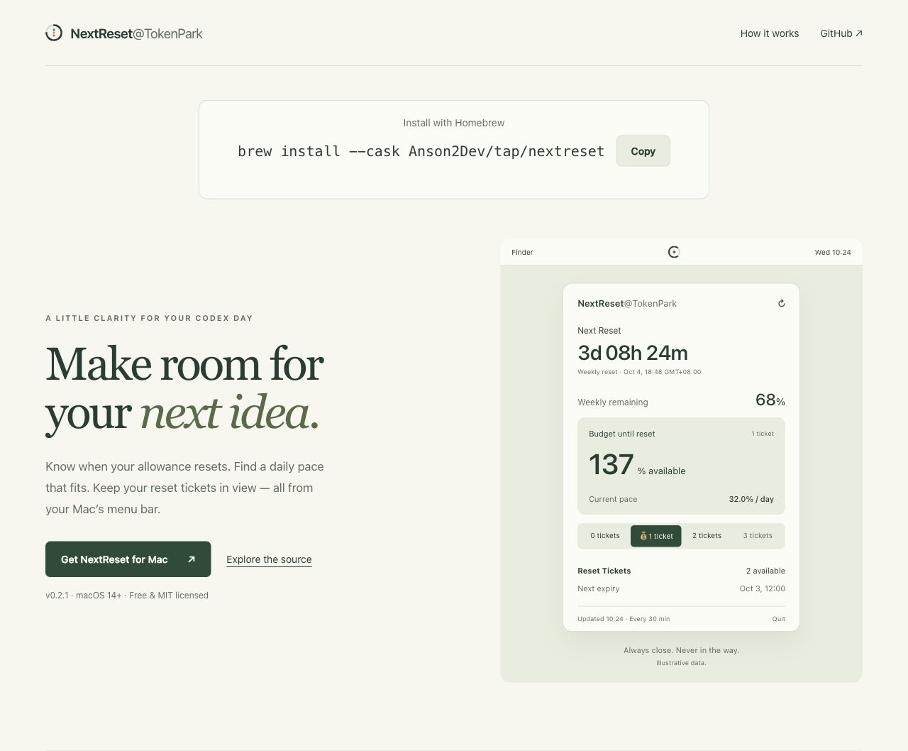NextReset@TokenPark website showing the Homebrew command and an illustrative allowance dashboard.